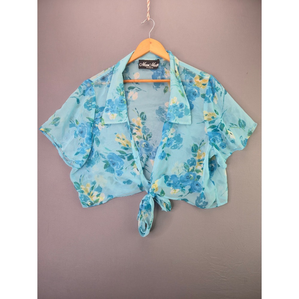 Meghan Matthews Woman Floral Tie Front Crop Top XL Blue Sheer Vintage Y2K Blouse